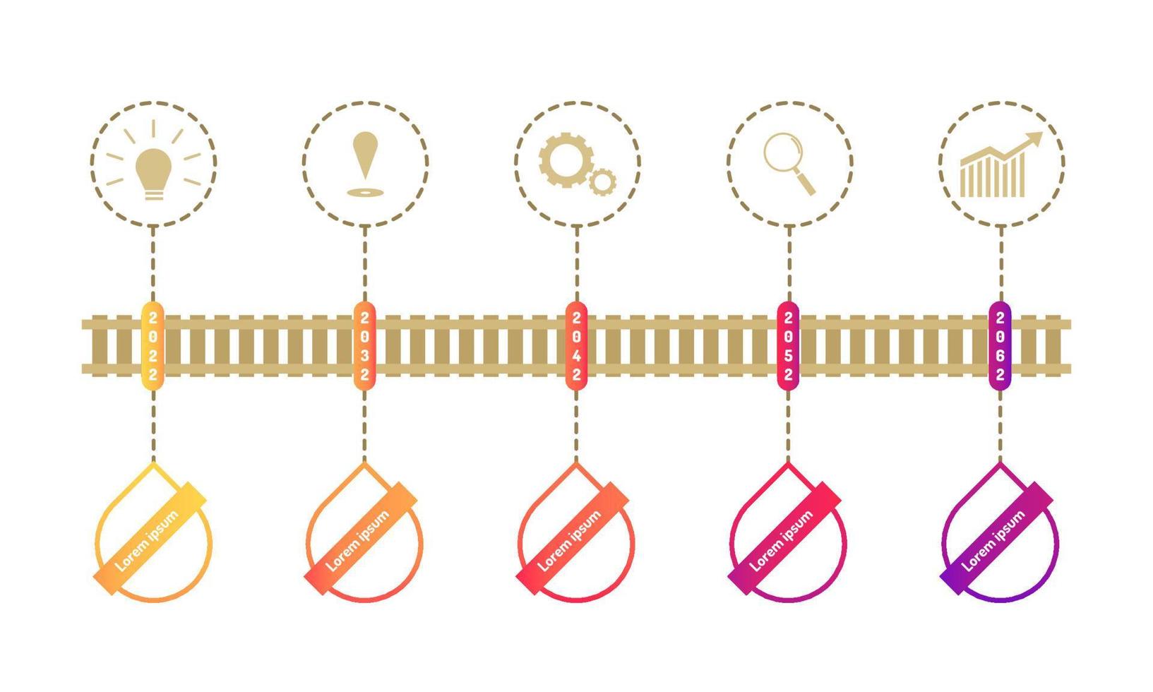 treinar elementos da linha do tempo do roteiro com o gráfico do ponto de referência, pense nos ícones de destino da engrenagem de pesquisa. ilustração vetorial eps10 vetor