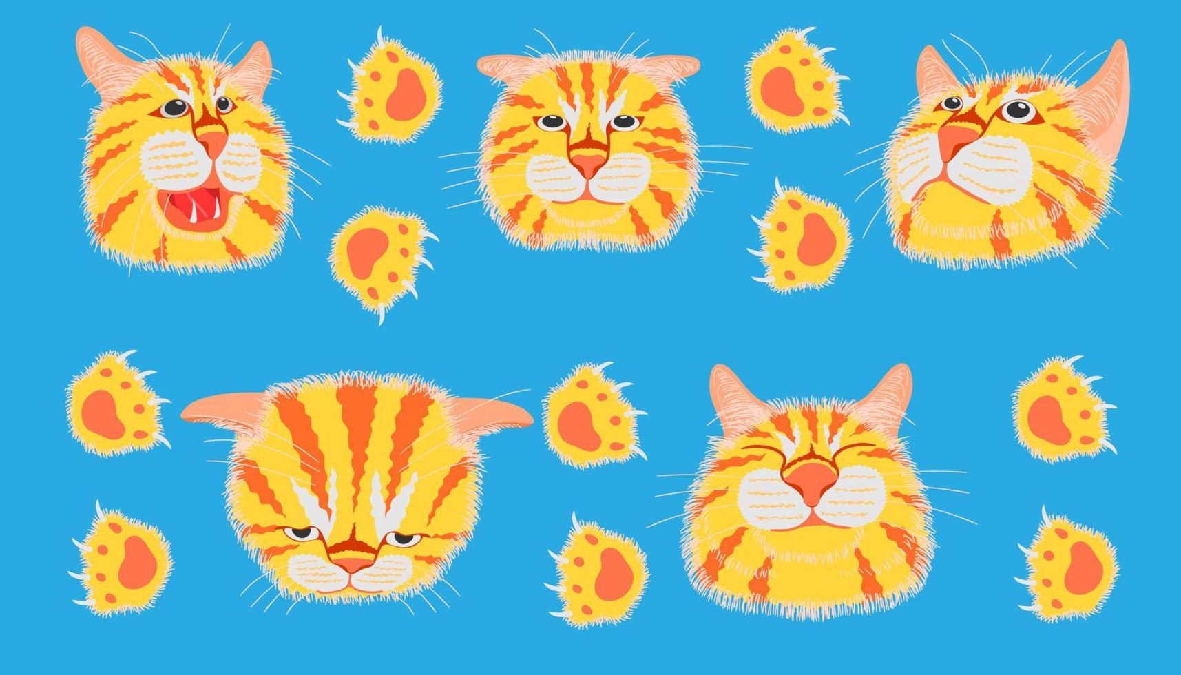 elemento diferente cabeça de gato emoção e pegada engraçadas e fofas. ilustração vetorial eps10 vetor