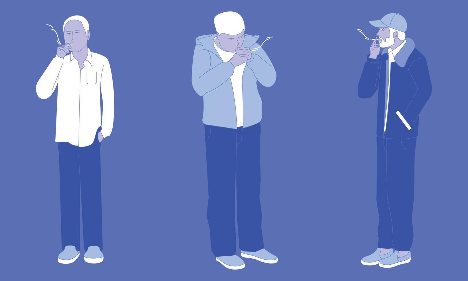 três homens de pé e fumando com pose de diferença. ilustração vetorial eps10. vetor