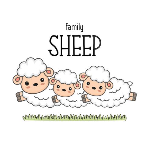 Família de ovelhas felizes. Mamãe papai e bebê ovelhas dos desenhos animados. vetor