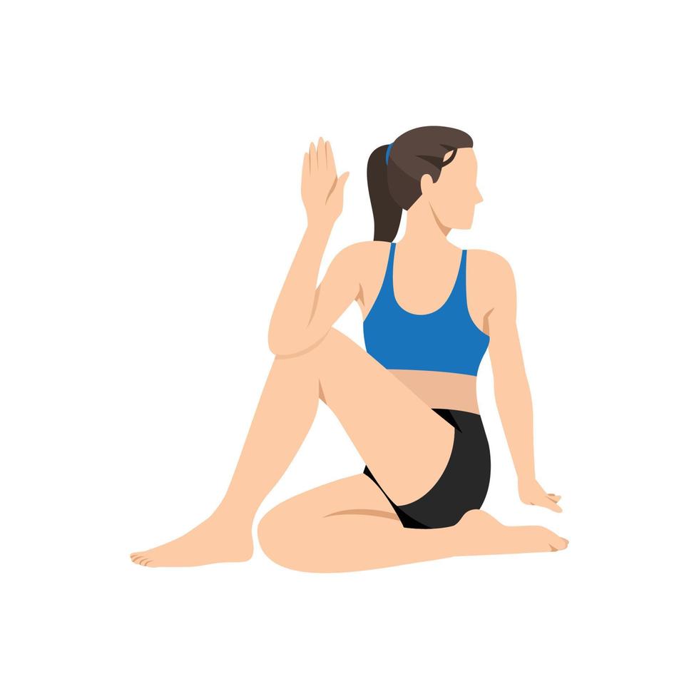 mulher fazendo exercício meio senhor dos peixes ardha matsyendrasana. ilustração vetorial plana isolada no fundo branco vetor