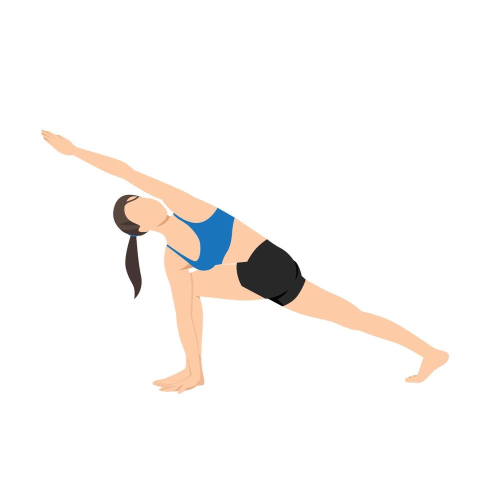 mulher fazendo pose de ângulo lateral girado parivrtta parsvakonasana exercício. ilustração vetorial plana isolada no fundo branco vetor