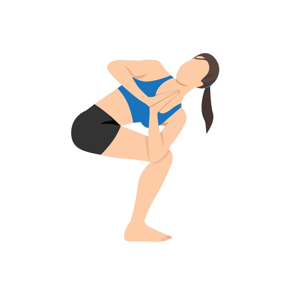 mulher fazendo pose de cadeira giratória. exercício parivrtta utkatasana. ilustração vetorial plana isolada no fundo branco vetor