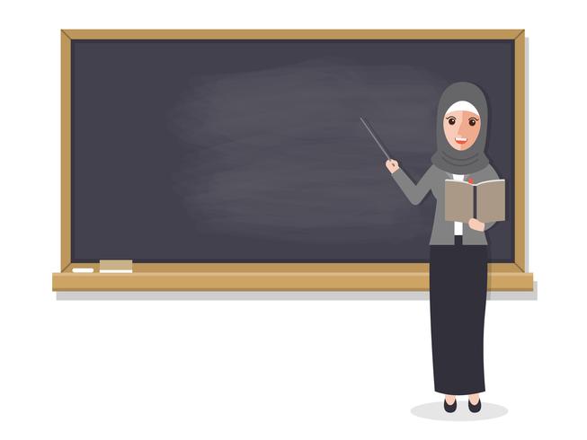 Professor muçulmano ensinando aluno em sala de aula vetor
