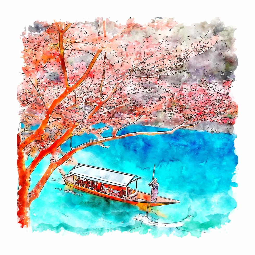 arashiyama kyoto japão desenho em aquarela ilustração desenhada à mão vetor