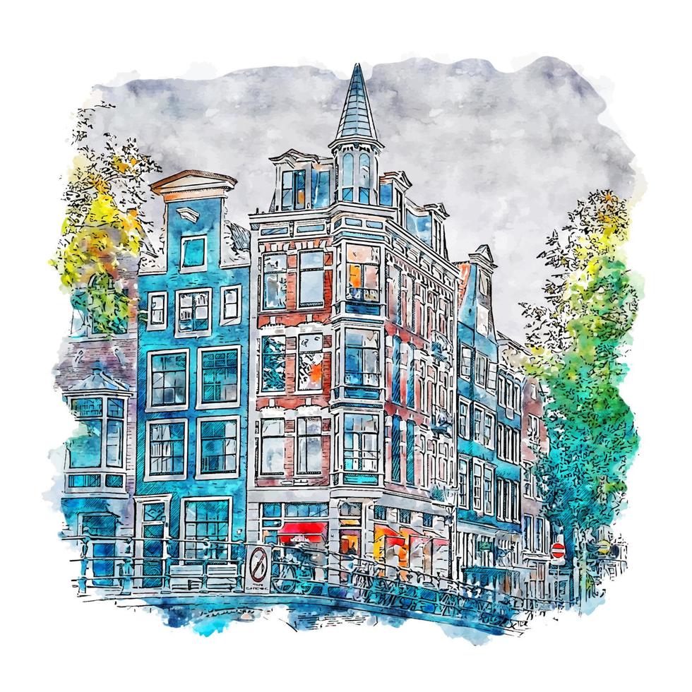 amsterdã holanda desenho aquarela ilustração desenhada à mão vetor