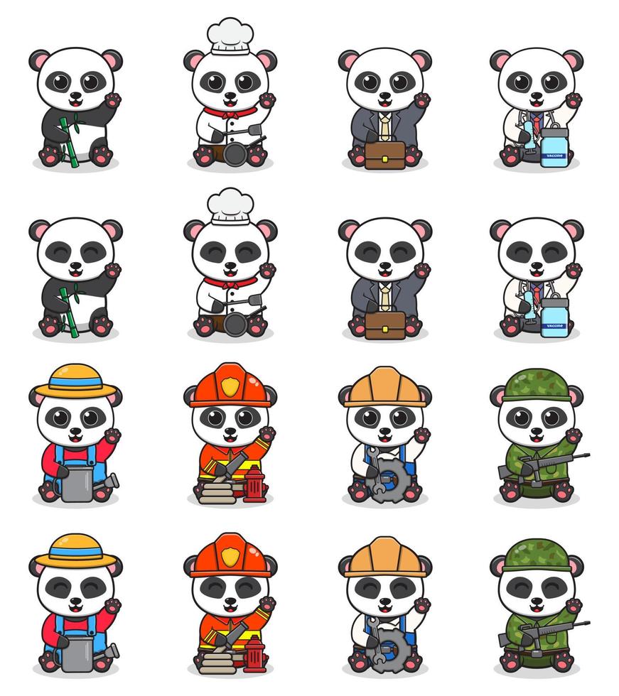 ilustração em vetor de panda bonito dos desenhos animados com pose e mão para cima e traje diferente.