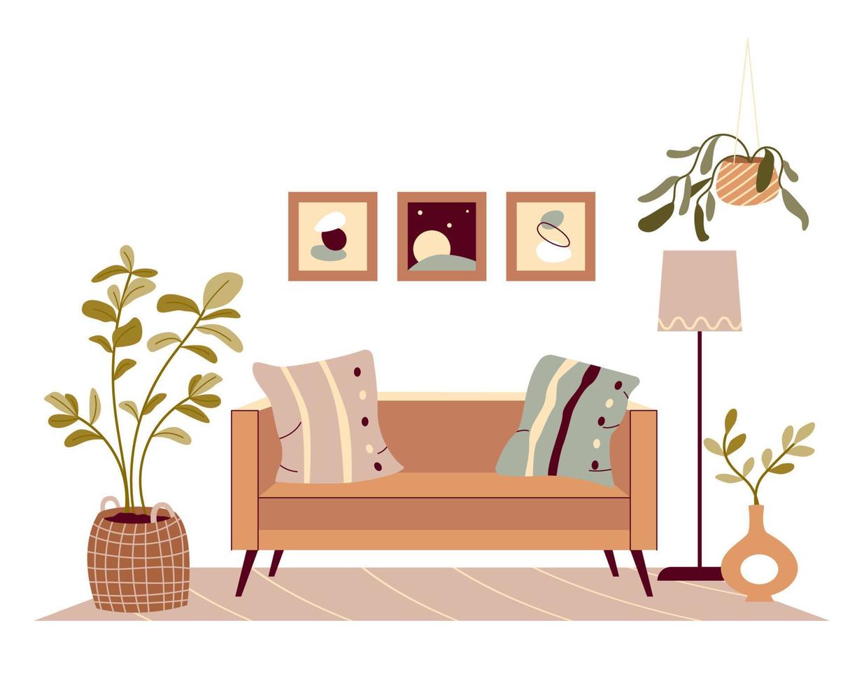 design de interiores para casa com sofá, almofadas, vasos de plantas, tapete e arte de parede em estilo boêmio. aconchegante sala de estar com móveis e decoração modernos. ilustração vetorial plana vetor