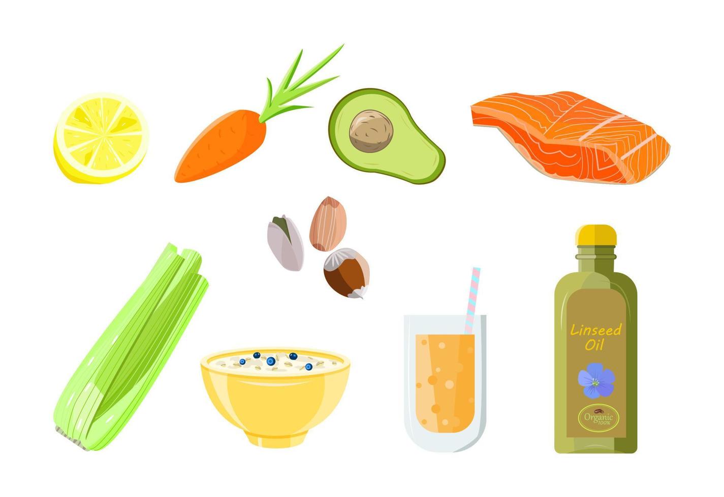 conjunto de produtos equilibrados de alimentos saudáveis. conceito de dieta. ilustração vetorial plana de cor isolada em comida vegetariana de fundo branco vetor