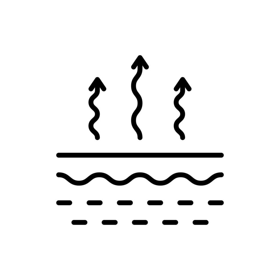 evaporação da umidade do ícone da linha da pele. pictograma de perda de água da pele. estrutura da pele e setas para cima do processo de absorção de umidade, ícone de contorno do conceito de odor da pele. ilustração vetorial. vetor