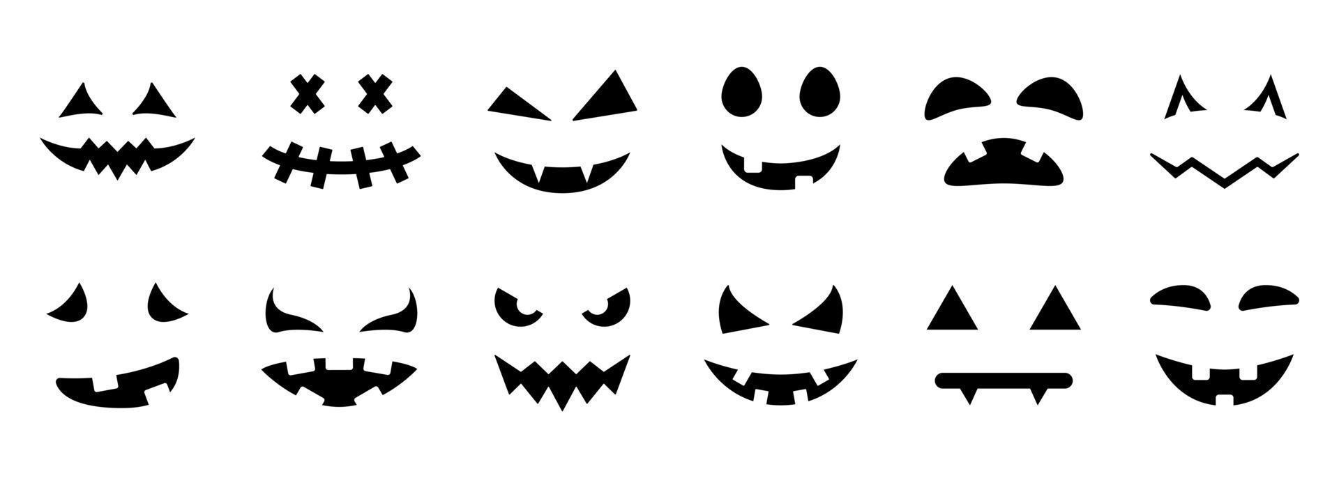 caretas assustadoras e engraçadas para o ícone de silhueta de abóbora de  halloween em fundo preto.