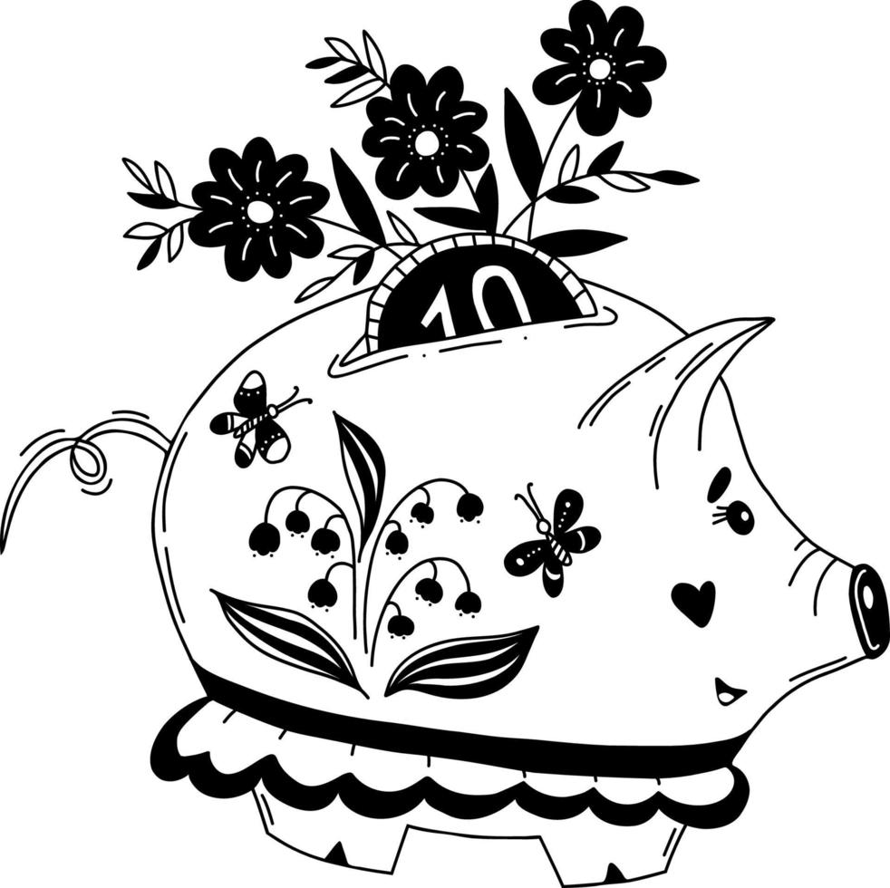 cofrinho de porco primavera com flores. ilustração vetorial. desenho de mão linear vetor