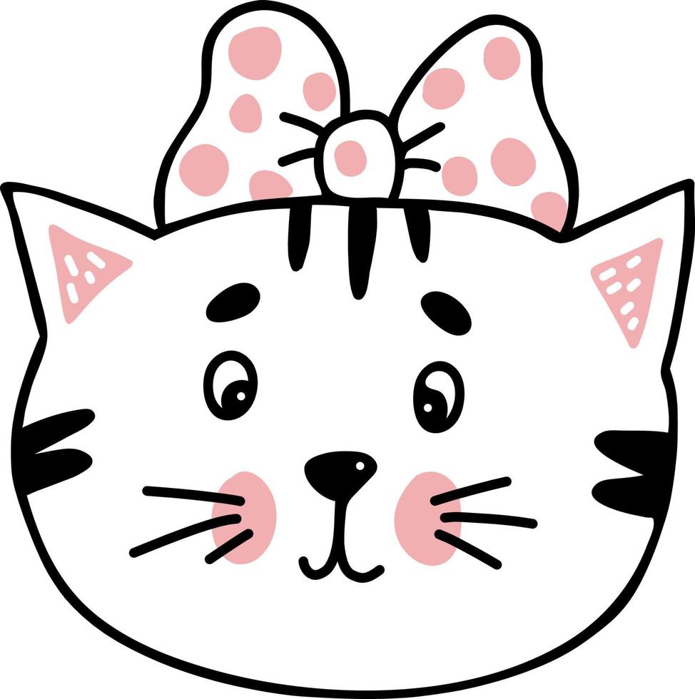 linda garota gata com laço. ilustração vetorial. doodle linear desenhado à mão de personagem de gato para design e decoração vetor