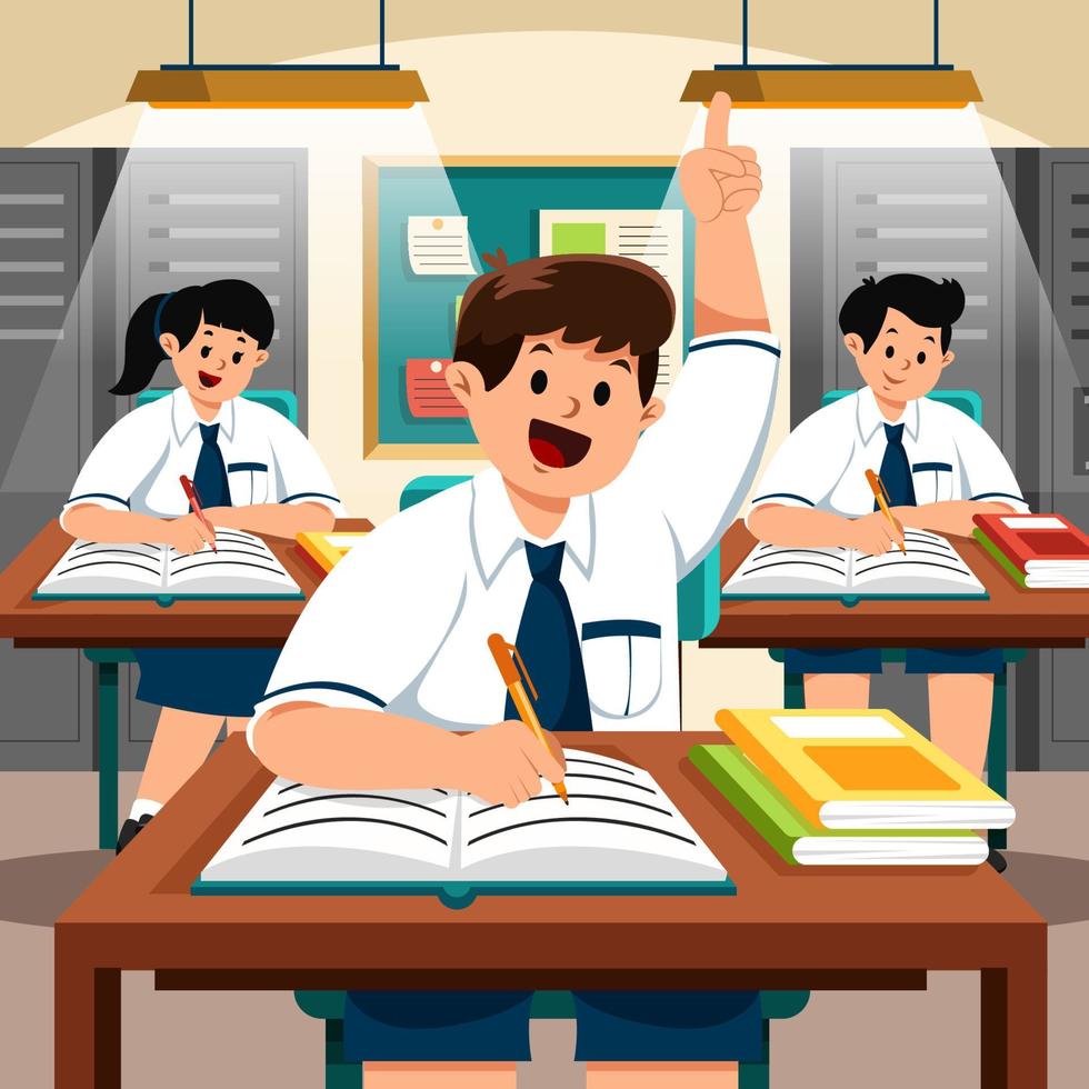 um aluno levanta a mão na sala de aula vetor