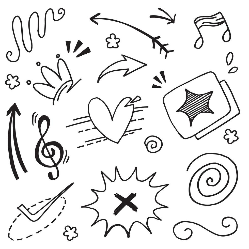 setas abstratas, fitas, coroas, corações, explosões e outros elementos em estilo desenhado à mão para design de conceito. ilustração de doodle. modelo de vetor para decoração