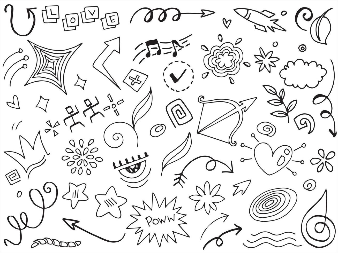 setas abstratas, fitas, coroas, corações, explosões e outros elementos em estilo desenhado à mão para design de conceito. ilustração de doodle. modelo de vetor para decoração