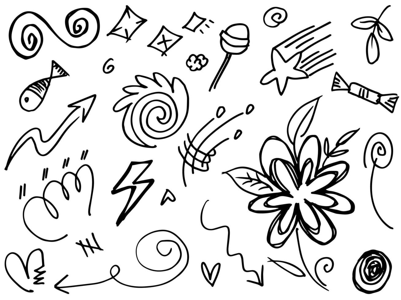 setas abstratas, fitas, coroas, corações, explosões e outros elementos em estilo desenhado à mão para design de conceito. ilustração de doodle. modelo de vetor para decoração