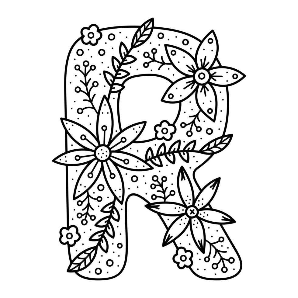 alfabeto floral. letra doodle incolor r. livro de colorir para adultos e crianças. vetor