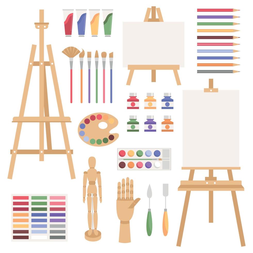 kit de ferramentas de artes de pintura. materiais de artistas, aquarela, cavalete, paleta, manequim de madeira e figura de mão, pincel de pintura e materiais de desenho. conjunto de materiais artísticos isolados no fundo branco. vetor