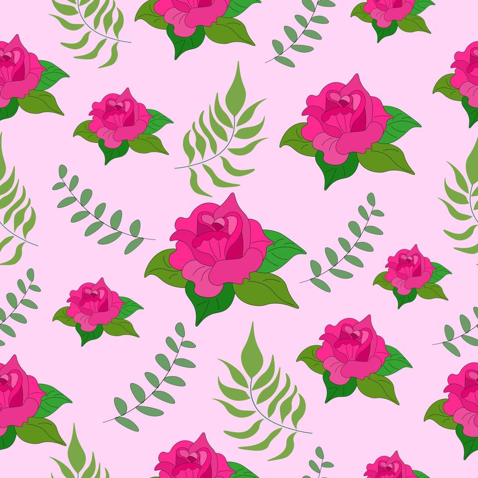 rosa sem costura padrão botânico rosa florescendo com folhas no fundo rosa. ilustração de flores para livreto, um cartão de convite, impressão em tecido, capa do diário. dia de rosas, flor do amor. vetor