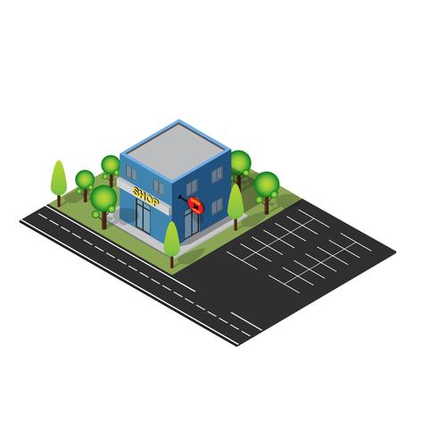 Loja 3D isométrica, árvore e parque de estacionamento na cidade. conceito de símbolo de vetor de paisagem de cidade. Arquitetura de loja de edifício, rua da cidade urbana