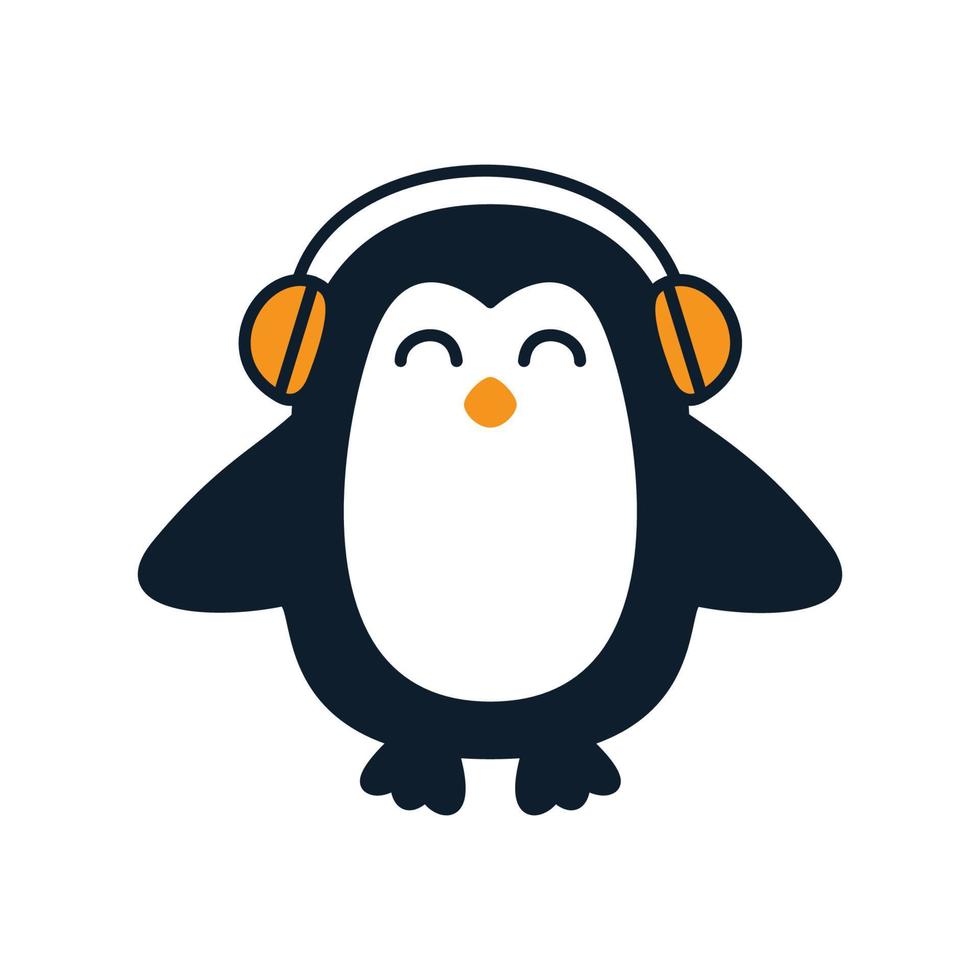 pinguim com fones de ouvido música logotipo de desenho animado bonito ícone ilustração vetor