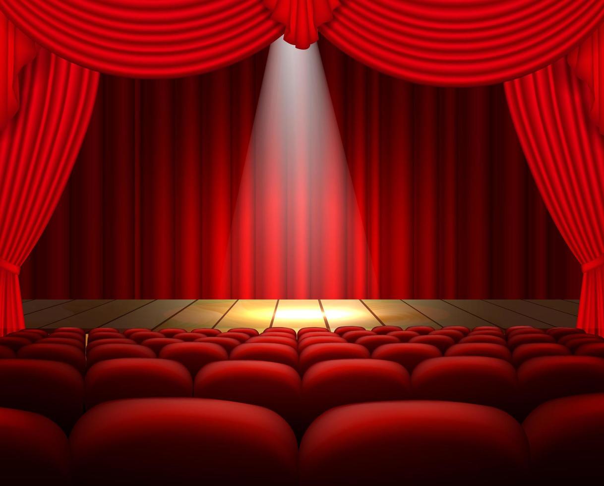 um palco de teatro com uma cortina vermelha, assentos e um holofote vetor