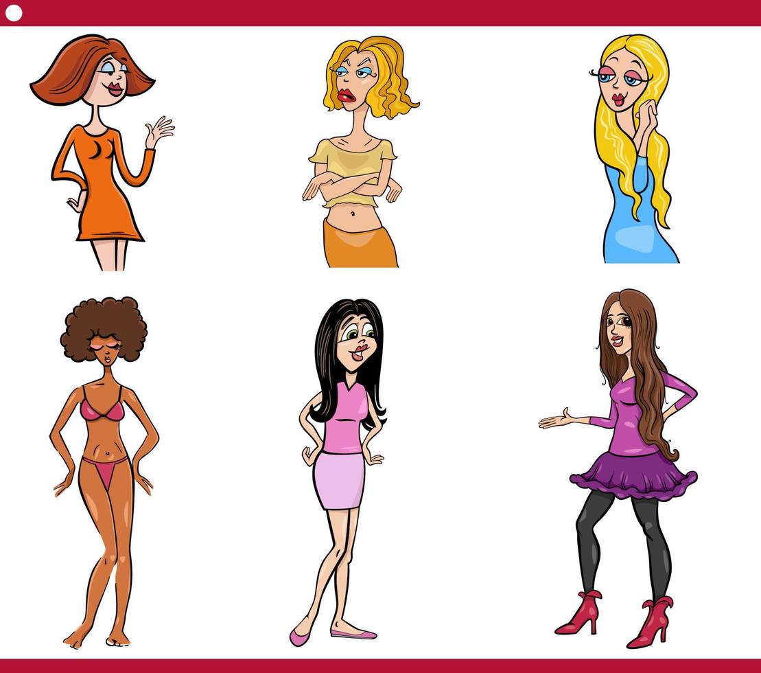conjunto de caricatura de personagens engraçados de mulher de desenho animado vetor