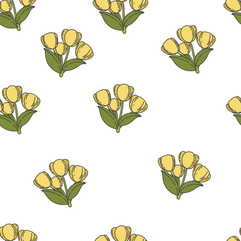 padrão sem emenda de tulipas amarelas. fundo floral vector com flores da primavera. ilustração dos desenhos animados de flores lindas brilhantes com folhas verdes e caules