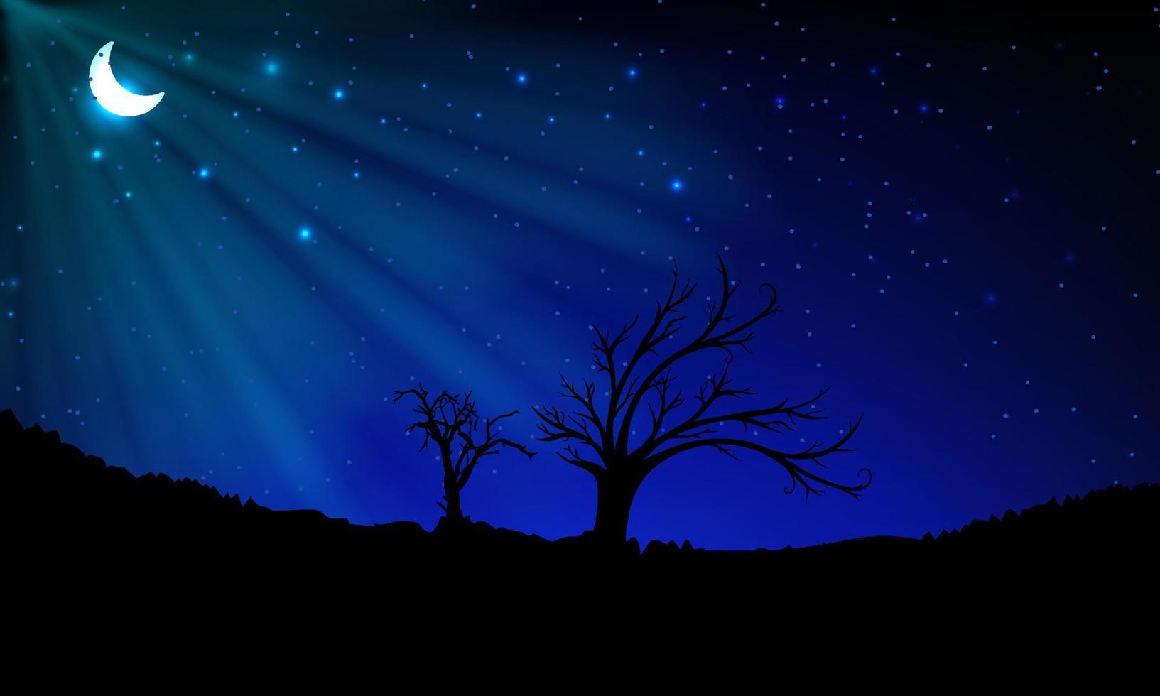 fundo do céu noturno estrelado com silhueta de árvore e lua crescente. vetor