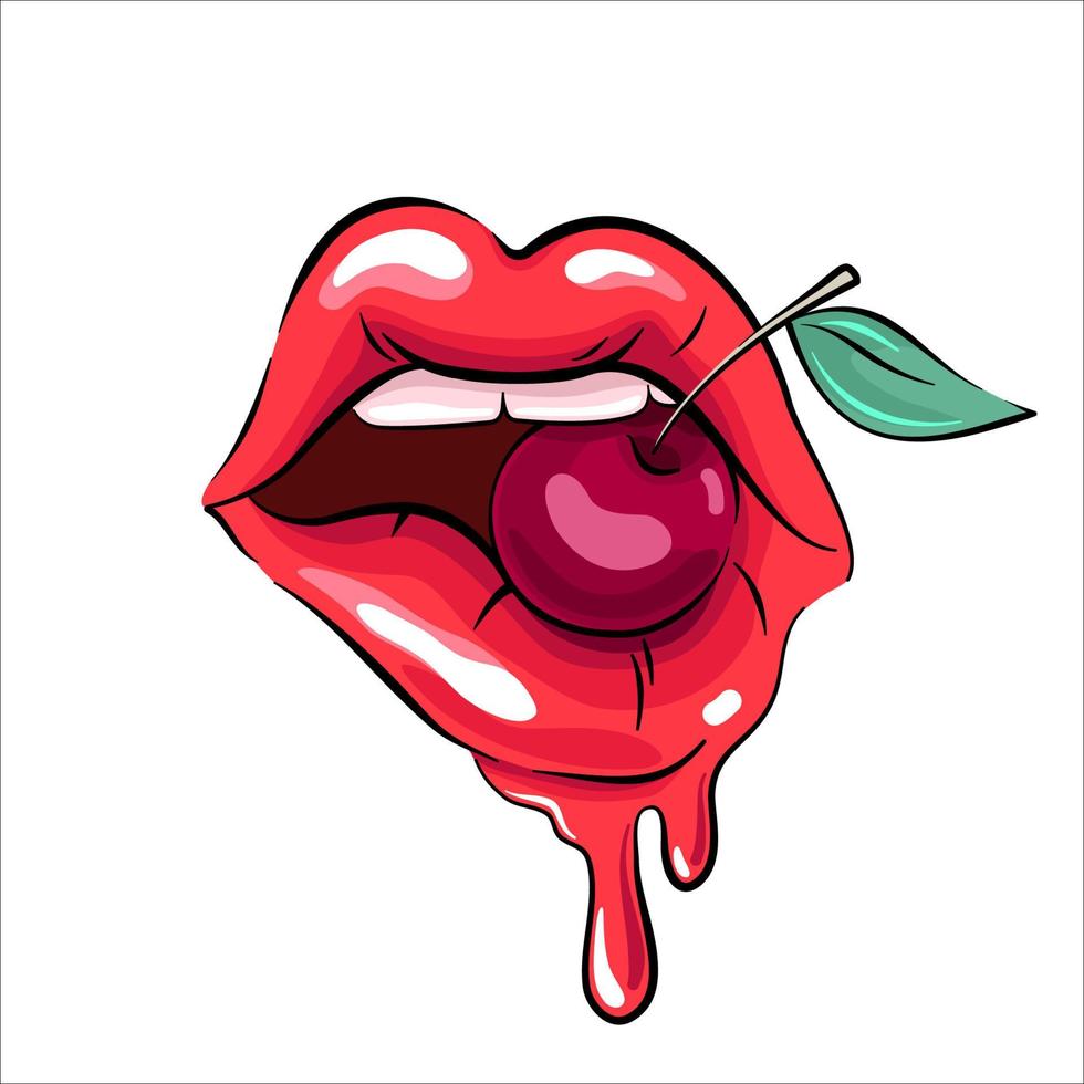 lábios de mulher com uma cereja vetor
