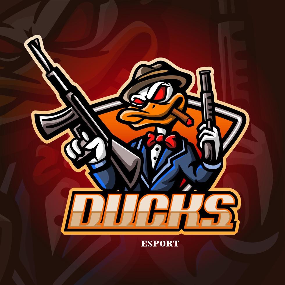 design de logotipo de esport de mascote de artilheiros de pato. vetor