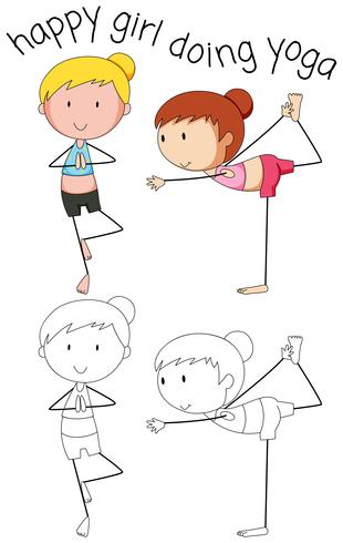 Doodle garota feliz fazendo yoga vetor