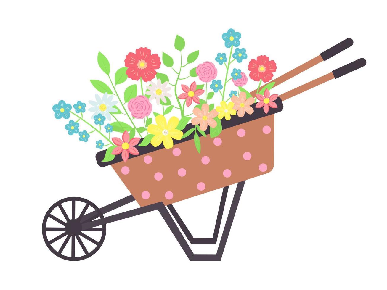 carrinho de bolinhas de madeira vintage com flores. carrinho de mão dos desenhos animados com flores de jardinagem. vetor
