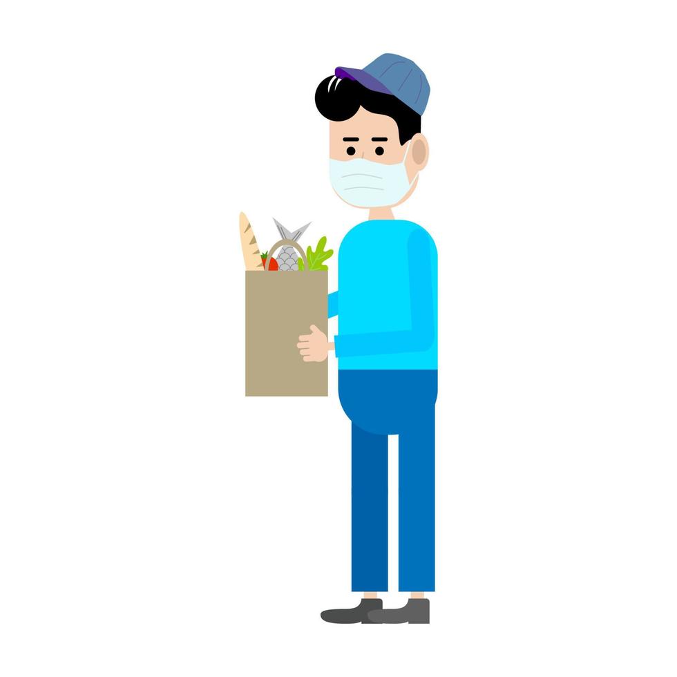 um homem mascarado com um saco de mantimentos entrega de comida no apartamento correio na entrega de produtos durante o período de quarentena ilustração plana imagem vetorial vetor