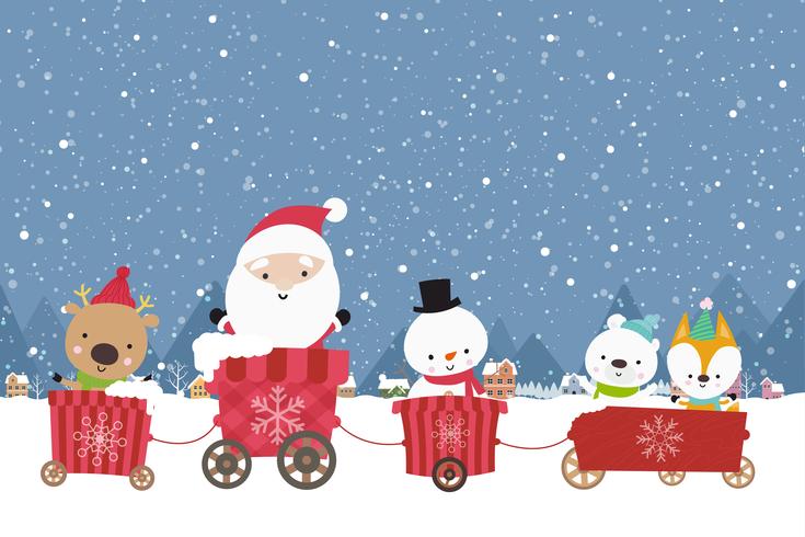 Feliz Natal Boneco de neve de Papai Noel bonito dos desenhos animados no carrinho 001 vetor