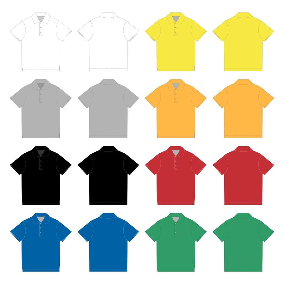 conjunto de modelo de design de t-shirt polo. croqui técnico camiseta polo unissex vetor
