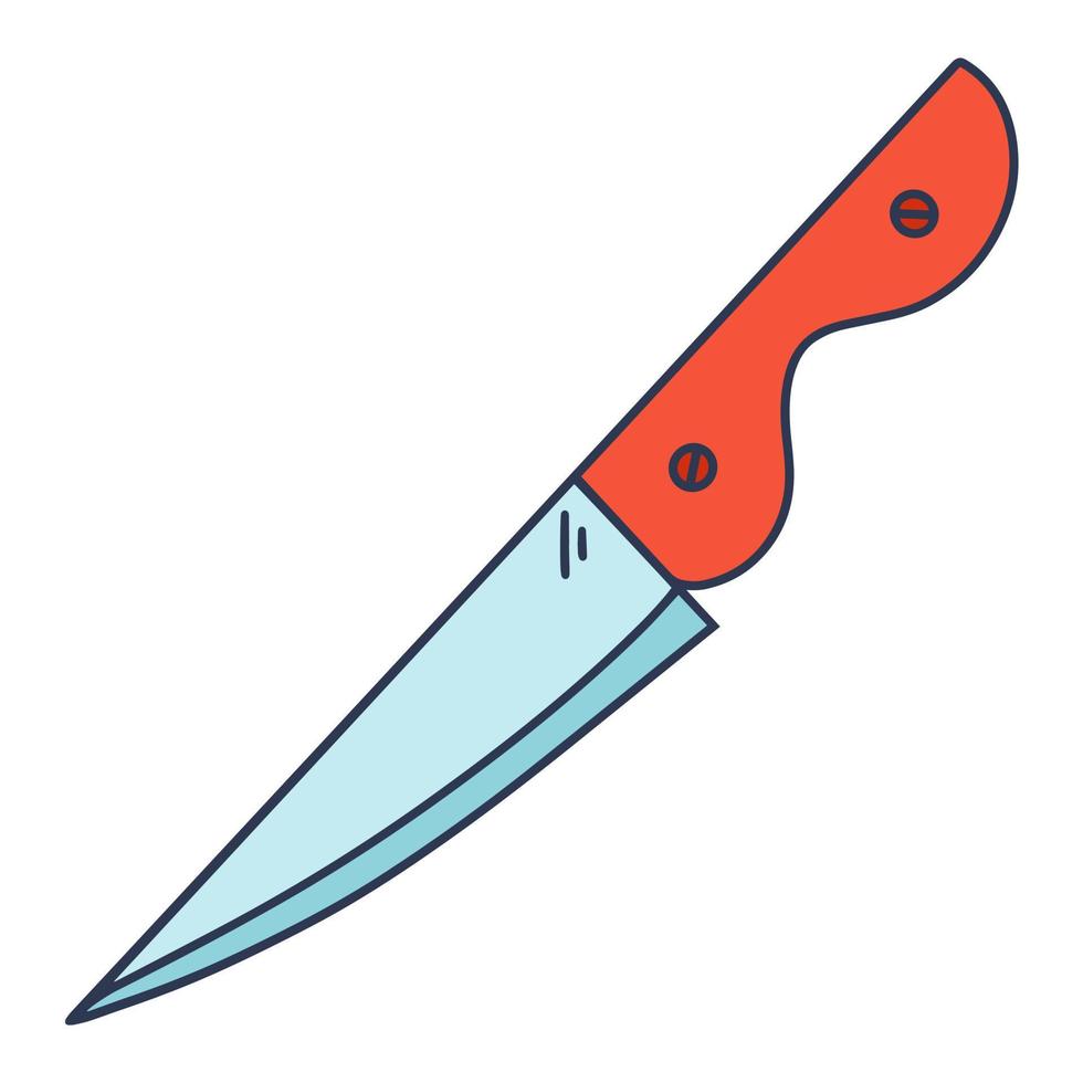 ícone de vetor de faca de cozinha. ilustração colorida desenhada à mão isolada no fundo branco. ferramenta de chef afiada com lâmina de aço, cabo de madeira. clipart plano para decoração, design de menu, café, web