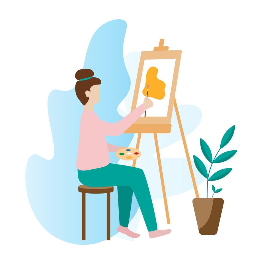 mulher artista pintando com paleta, pincel e cavalete vetor