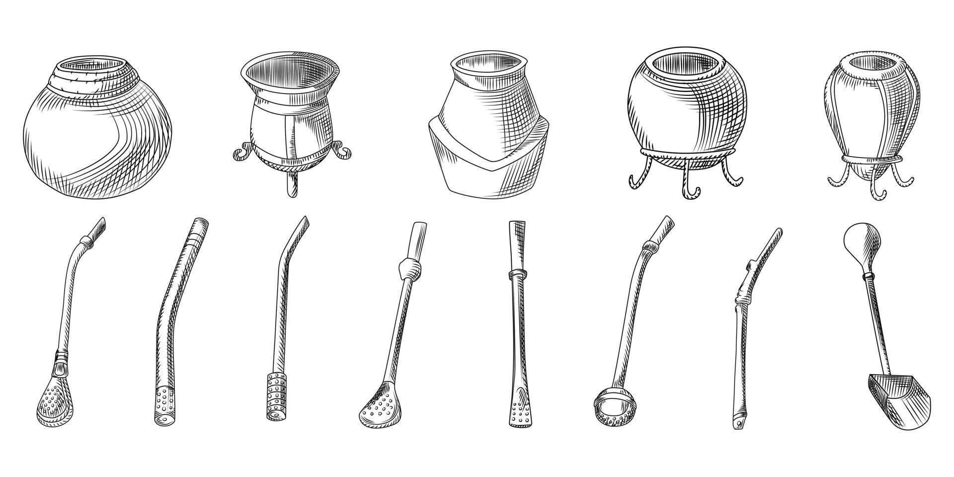 conjunto de chá de erva-mate - cabaça e bombilla. acessório para bebida mate. vetor