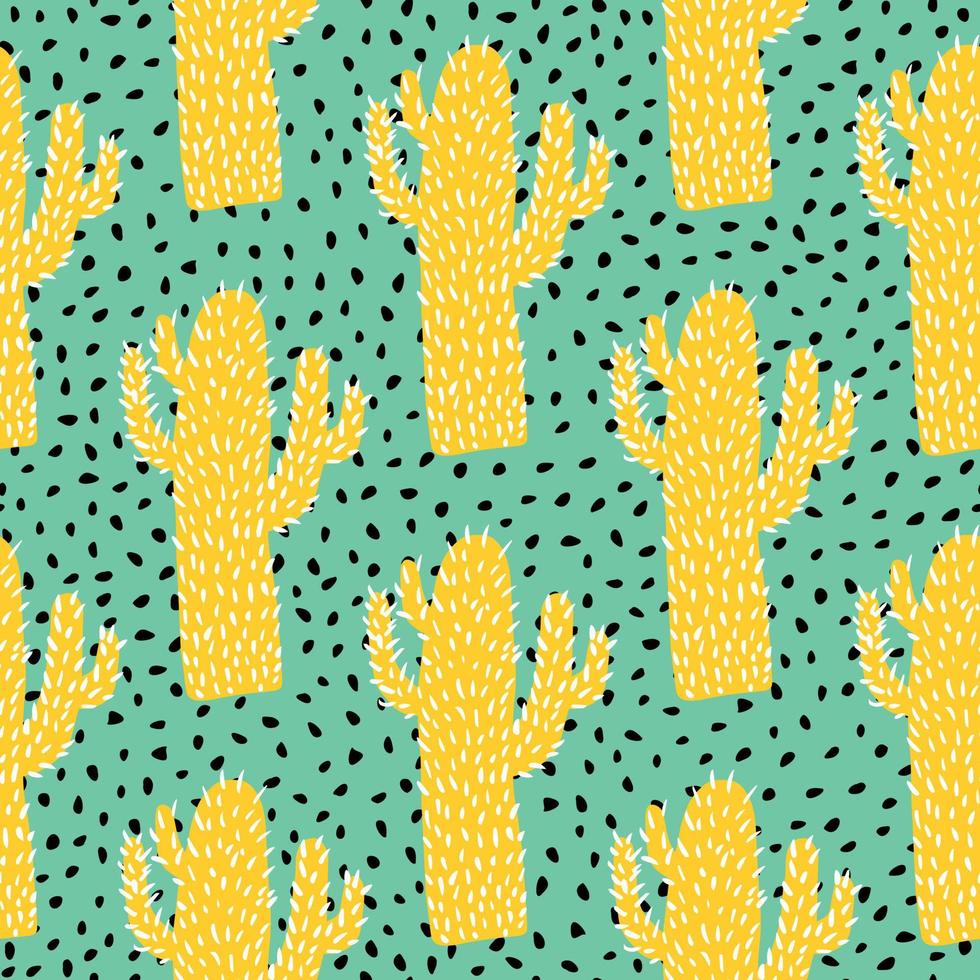 padrão sem emenda de cacto amarelo sobre fundo verde. ilustração em vetor doodle cactos.