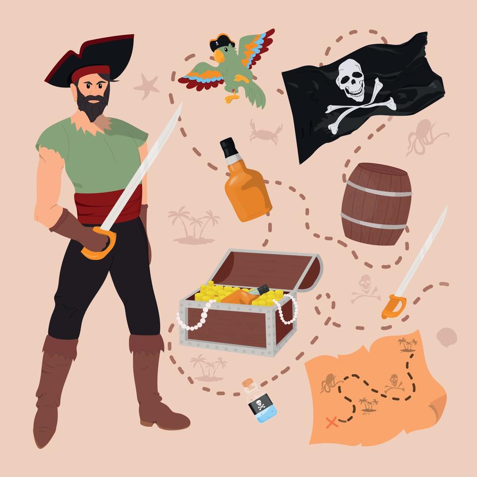 conjunto de itens piratas, baú do tesouro, bandeira, papagaio, mapa, barril, espada, veneno, rum. vetor
