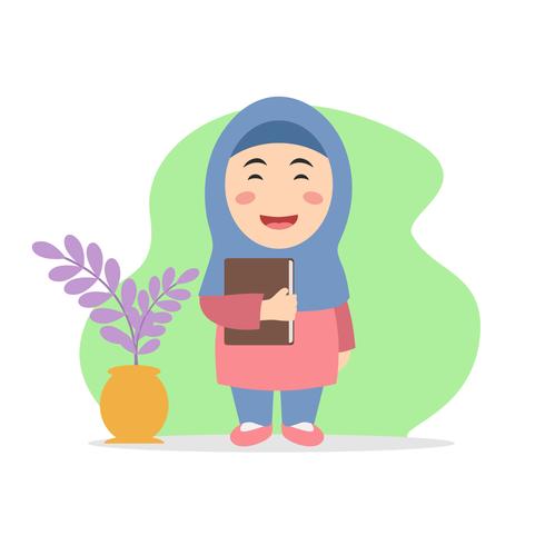 Menina, segurando, al, quran vetor