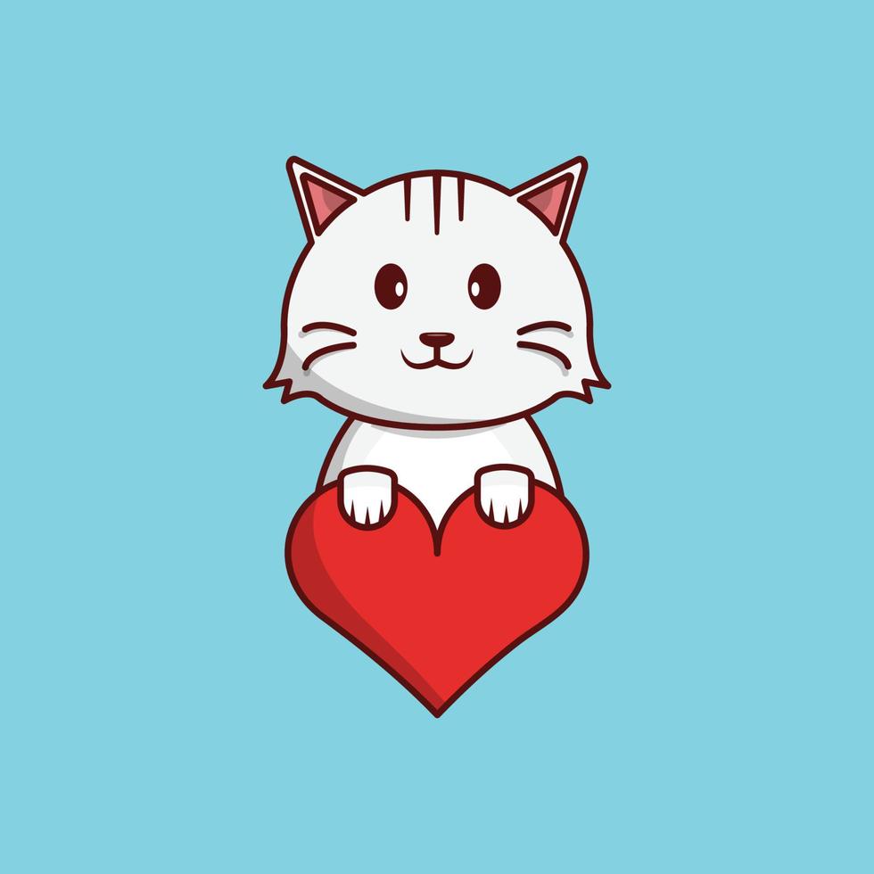 gato bonito segurando ilustração de desenho animado de coração, animal bebê, gatinho, vetor de estilo plano adequado para web, banner, cartão, saudação, crianças, livro, pôster