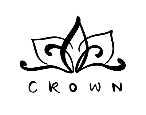 Entregue o símbolo tirado de uma coroa estilizado do ícone e de uma palavra caligráfica Crown. Ilustração vetorial isolada no branco. Design de logotipo vetor