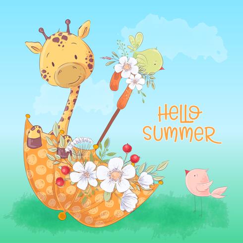Cartaz do cartão de um girafa bonito e pássaros em um guarda-chuva com as flores no estilo dos desenhos animados. Desenho à mão. vetor