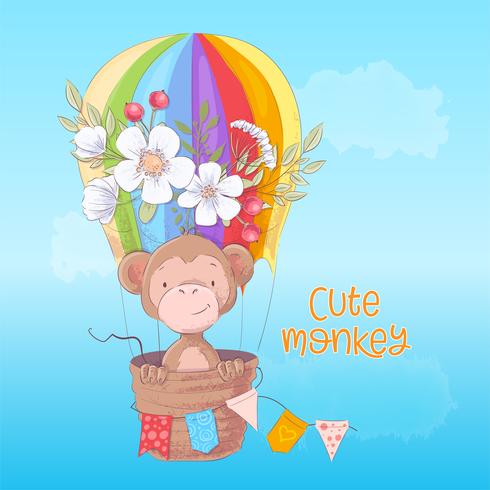 Cartaz do cartão de um macaco bonito em um balão com as flores no estilo dos desenhos animados. Desenho à mão. vetor