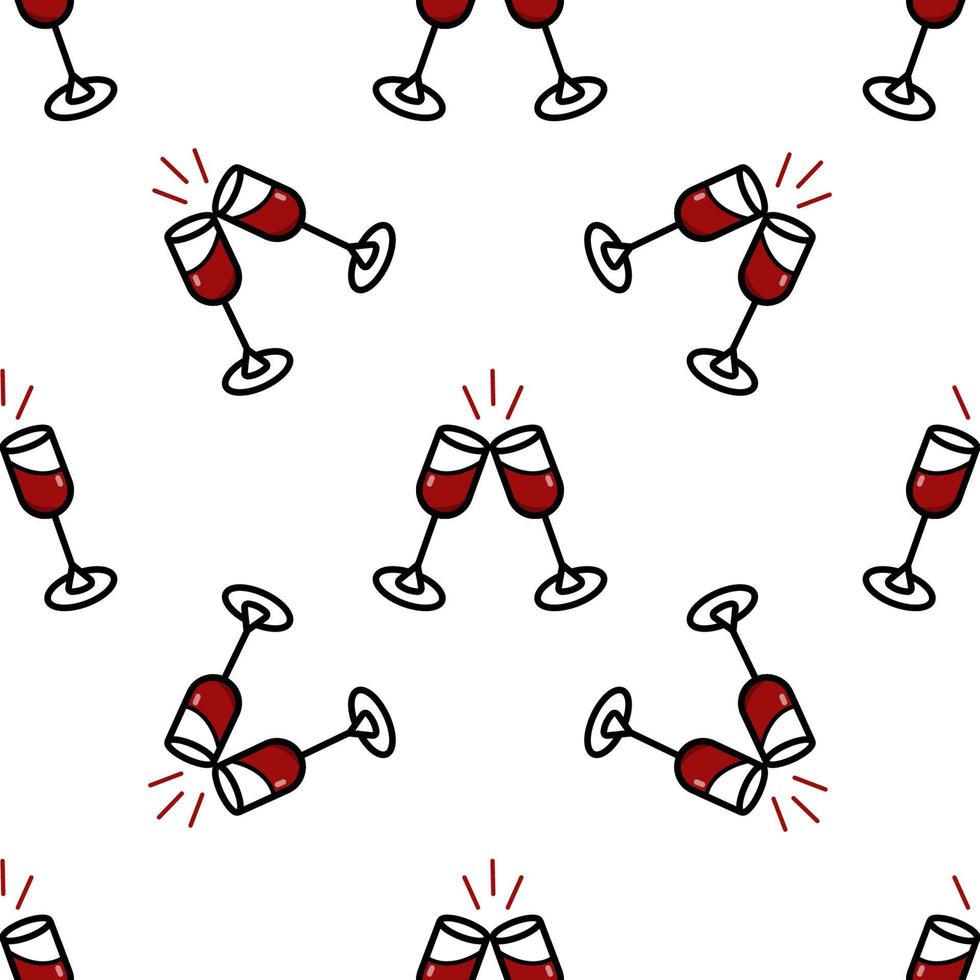 dois copos de vinho tinto em um fundo branco. padrão sem emenda simples no estilo de estrutura de tópicos. fundo vetorial. design de um carrinho de vinho, papel de embalagem, papel de parede. vetor
