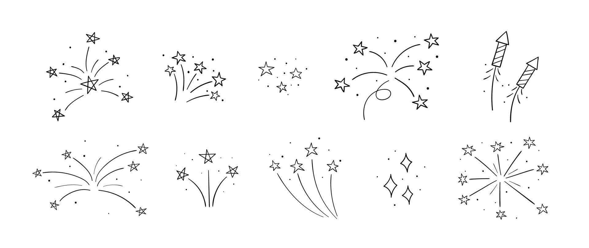 conjunto de mão desenhada diferentes fogos de artifício e estrelas. esboço de rabiscos. ilustração vetorial linear. vetor