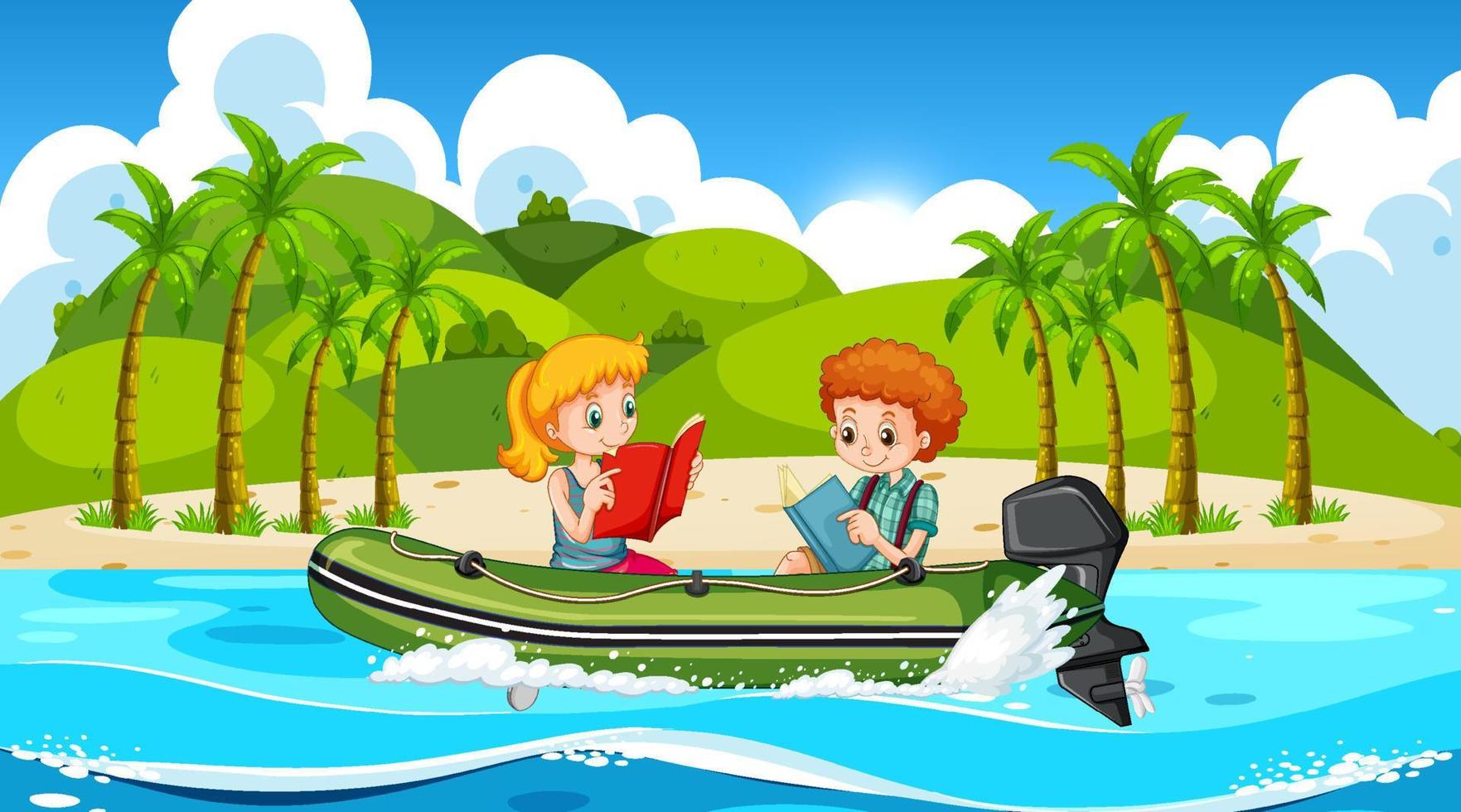 cenário do oceano com crianças em barco a motor inflável vetor